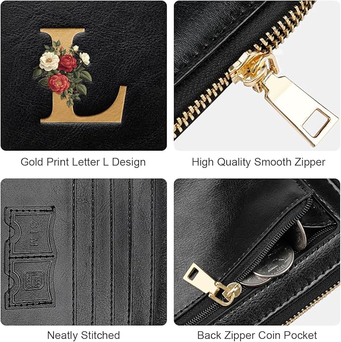 Passport Holder Cover Wallet with Zipper Personalized Initial Letter L Rose Flower RFID Blocking Travel Wallets Credit Cards Holder for Women, Gift for Wife and Girlfriend,L
