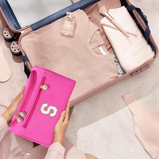 COSHAYSOO Hanging Toiletry Skin Care Bag Travel Size Spa Sleepover Party Supplies Gifts for Teen Girls Cheerleader Cheer Dance Recital Summer Camp Weekend Overnight Essentials Pink Initial Letter M