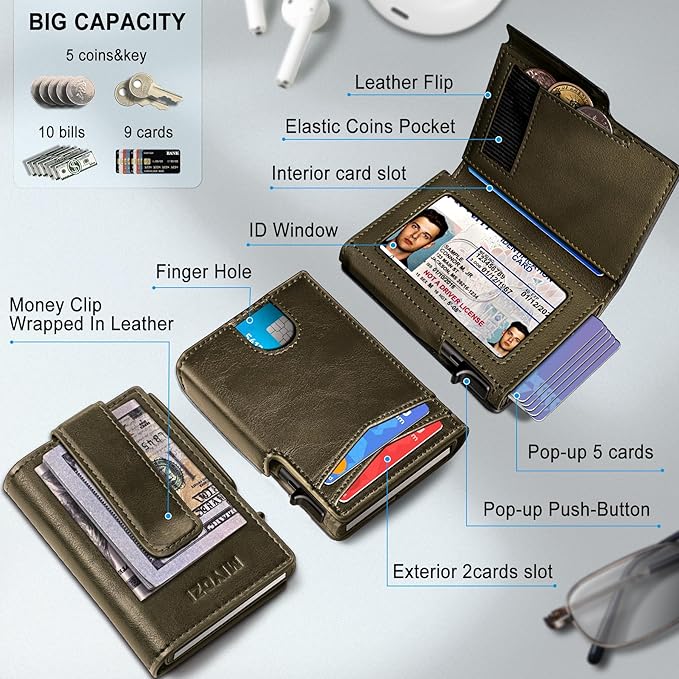 miyozi Men Wallet,with Money Clip Coins Pocket ID Window,Slim Front Pocket RFID Blocking Pop-up Card Holder 3.9"x 2.7", Gift Boxed