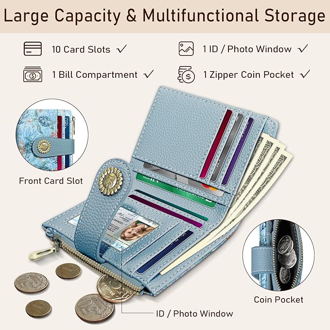 Kelvoris Sea Turtle Small Rfid Women Wallet Bifold Zipper Coin Pocket PU Leather Compact Cash Credit Card Holder Travel Wallet for Female Ladies Teen Girls 1 ID Window 10 Card Slots