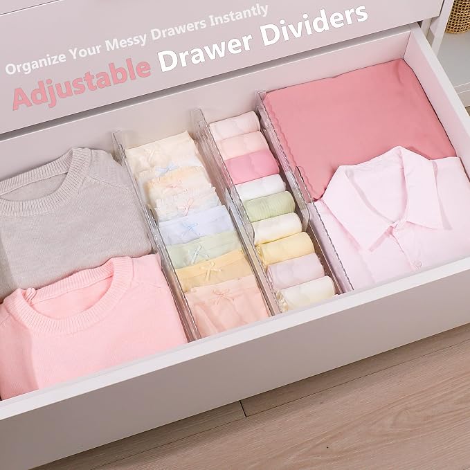 12 Pack 4" High Drawer Dividers for Clothes, 10.2"-16.5" Expandable Dresser Drawer Organizers, Adjustable Plastic Clear Drawer Separators for Kitchen, Baby Clothing, Socks, Underwear, Bedroom
