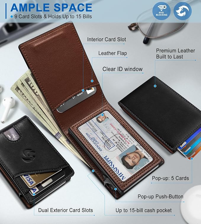 Wallet for Men, Slim Pop Up Card Holder with RFID Blocking, Minimalist Bifold Wallet with 9 Card Slots, ID Window and Cash Pocket, Metal Flip Case with Magnetic Closure, Gift Box
