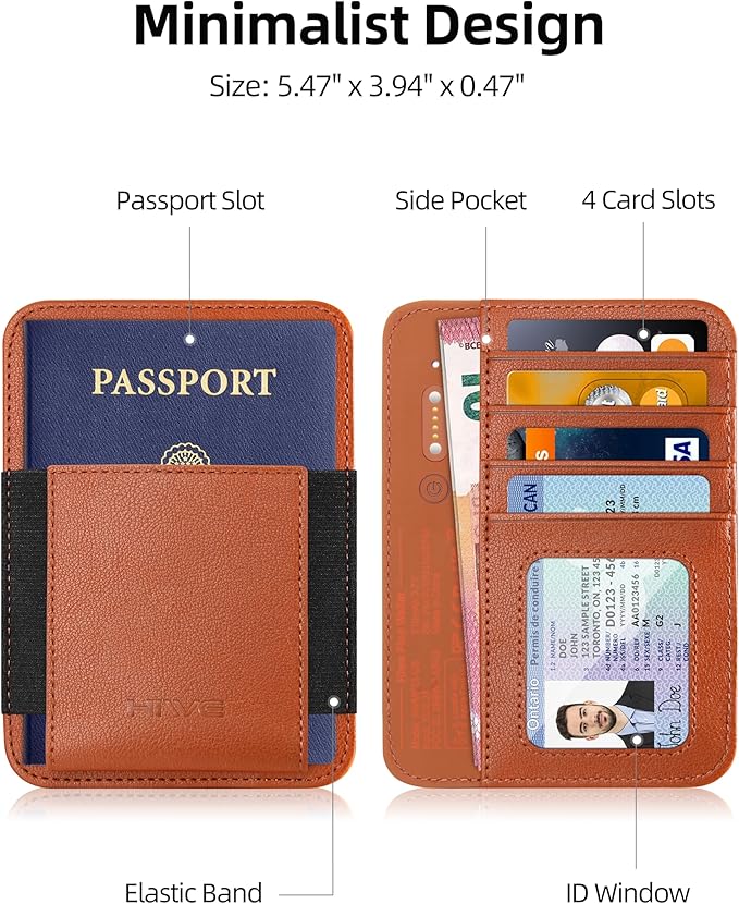 HiWe Passport Holder for Travel with Rechargeable Find My Tracker Built in, Minimalist Leather Passport Wallet Card Holder for Men and Women, RFID Blocking, 4 Slots, 1 Pocket, ID Window, Brown
