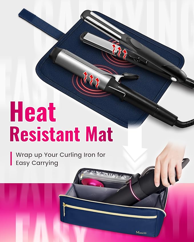 Mancro Hot Hair Tools Travel Bag with Separate Heat Resistant Mat, Large Capacity Wide-open Pouch, Hair Accessories Organizer for Flat Irons, Straighteners, Curling Iron,Travel Essentials for Women
