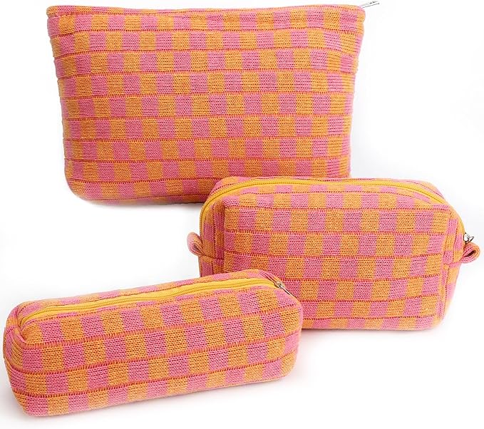 3 Pcs Makeup Bag Checkered Cosmetic Bag Large Capacity Traveling Toiletry Pounch Organizer Cute Makeup Brushes Aesthetic Accessories Storage Bag for Girls Women(Orange-Purple)