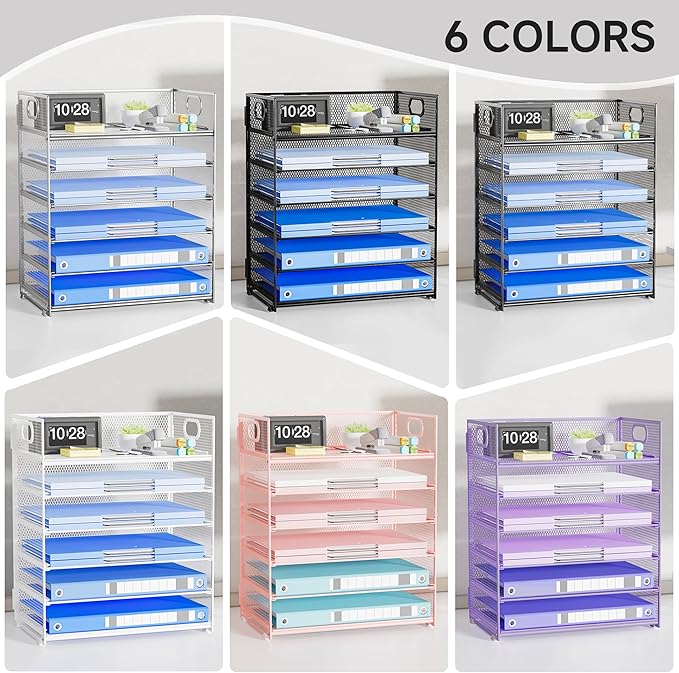 Paper Organizer for Desk with Handle, 6-Tier Silver Metal Mesh File Organizer | Stackable Desktop Organizer for Office Supplies & Home Organization