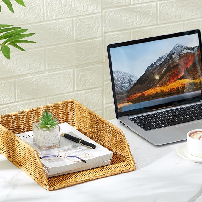 Yeaqee 2 Pcs Paper Tray Organizer for Desk Woven Letter File Organizer A4 File Tray Desk Paper Basket Letter Size Imitation Rattan Holder Organization Rack for Office Storage(Brown,Sleek Style)
