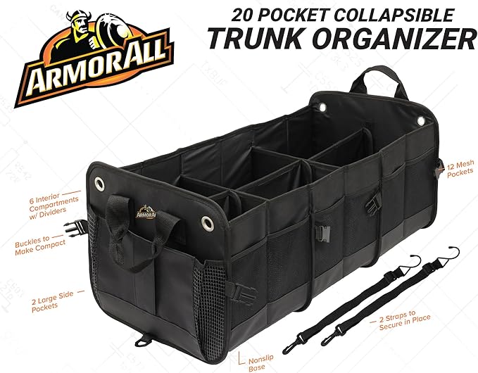 Armor All Large 20 Pocket Trunk Cargo Organizer, Collapsible and Foldable Compartments, Groceries, Beach, Picnic