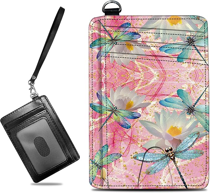 Small Travel Wallets, Pink Dragonfly Slim Minimalist Front Pocket Wallet with Wristlet, RFID Blocking PU Leather Credit Card Holder with ID Window Change Purse for Men Women