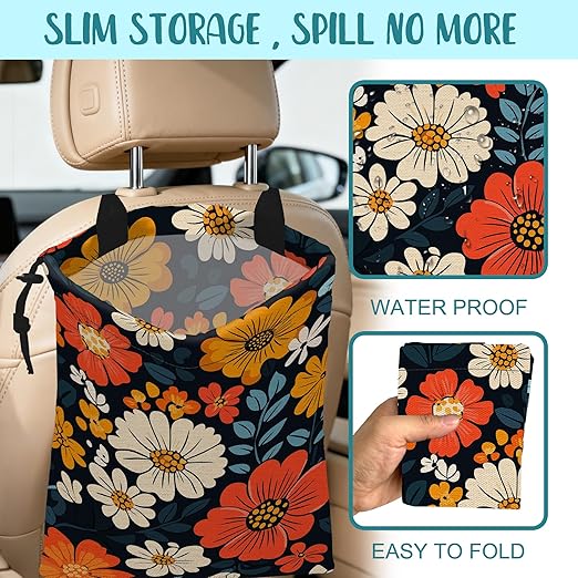 Car Garbage Bag Abstract Floral and Green Leaves Hanging Canvas Car Trash Bag Drawstring Car Back Seat Organizer for Car Back Front Seat Console with Adjustable Buckle