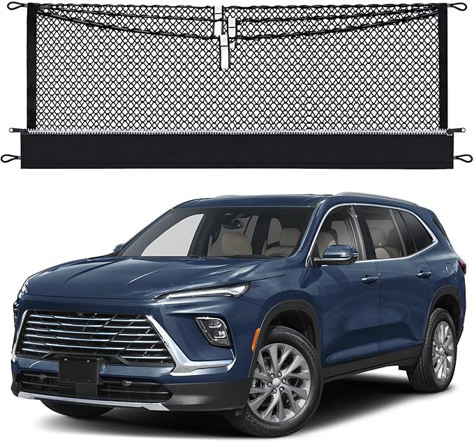 3-Layer Cargo Net for GMC Acadia, Buick Enclave, Chevrolet Traverse 2024-2026, Zipper Bag Trunk Net for SUV, Heavy Duty Oxford Cargo Organizer Storage Nets with Carabiners