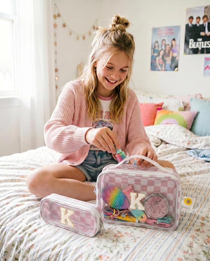 LETGO Checkered Sunscreen Bag Clear Makeup Toiletry Pouch Beach Vacation Essentials for Women Teen Girls Trip Gifts Summer Pool Travel Must Have Accessories Waterproof Stuff(K,Pink&Beige)