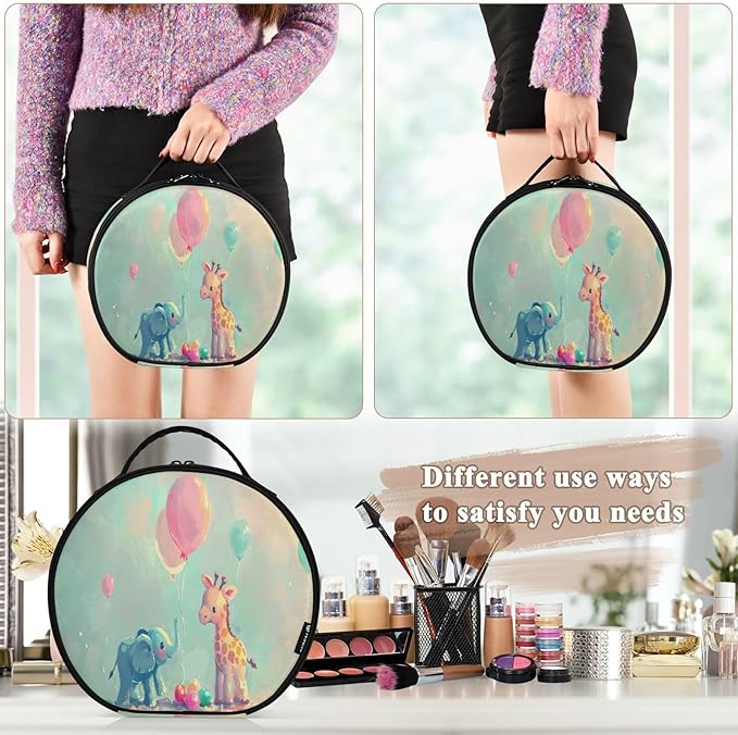 senya Round Cosmetic Pouch Travel Makeup Train Case Elephant Giraffe Makeup Organizer Bag with Adjustable Dividers Portable for Cosmetics Makeup Brushes Toiletry Jewelry Accessories
