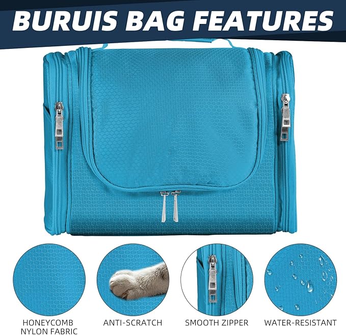 Buruis Hanging Toiletry Bag for Women and Men, Large Water-Resistant Makeup Organizer with Sturdy Hook, Lightweight Nylon Dopp Kit for Full-Sized Toiletries & Cosmetics, Light Blue