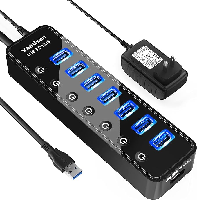 vantisan USB Hub 3.0 Powered, 7 Ports USB Data Hub Splitter with One Smart Charging Port and 5V/4A Powered Adapter and ON/Off Switches for MacBook, Mac Pro/Mini, iMac, Surface Pro Laptop/PC