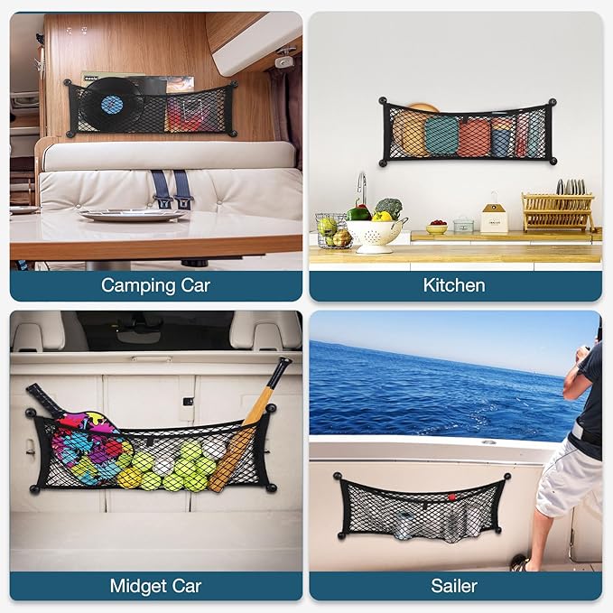 TOBWOLF 2PCS 25x75cm/9.8x29.5in Cargo Storage Net, Universal Elastic Stretchable Pocket Storage Mesh Net, Organizer RV Netting Storage Pouch with 8PCS Screws & 8PCS Buttonholes for Car Truck SUV Boats