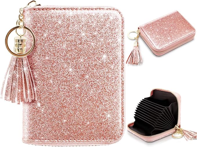 Coco Rossi Women Small Credit Card Wallet RFID Glitter Bling Cute Accordion Card Holder with Zipper Pink