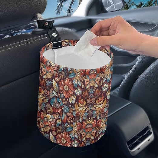 Retro Daisy Floral Console Basket Rubbish Bin Portable Auto Trash Basket Vehicle Foldable Console Front Seat Car Garbage Bag Hanging