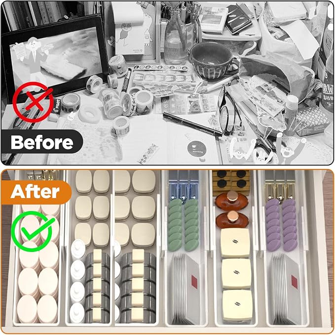 4 PCS Expandable Drawer Organizer, Adjustable Drawer Organizer Trays, Drawers Dividers Organizers and Storage For Office Supplies, Pens, Makeup,Utensils, Tools, Flatware and Junks, White
