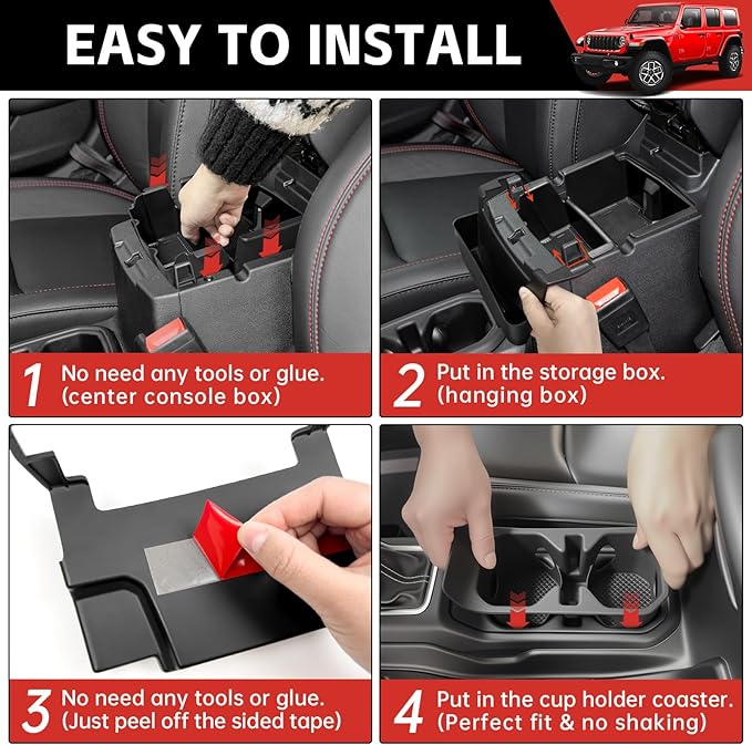Center Console Organizer for 2018-2025 Jeep Wrangler JL JLU 4XE/Gladiator JT Hanging Center Console Armrest Box Cupholder Insert for Wrangler&Gladiator(Hanging+Armrest+Cupholder Organizer)