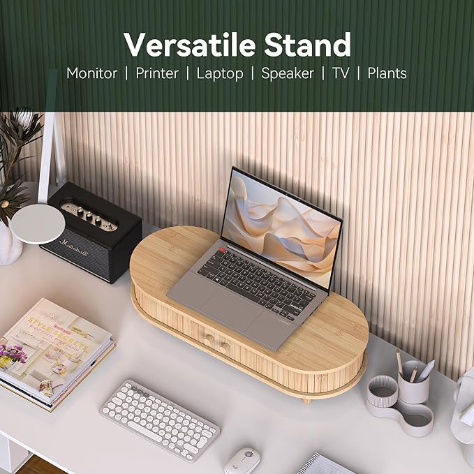 Bamboo Monitor Stand with Storage, Curved Computer Laptop Stand Desk Shelf Organizer with Sliding Doors (25 inch)