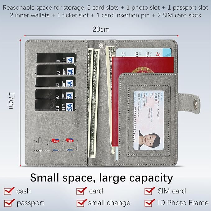 Passport Holder for Travel Essentials, RFID Blocking PU Leather Wallet Cover with Wristlet Strap Magnetic Closure Passport Book Holders Case for Women and Men, Grey