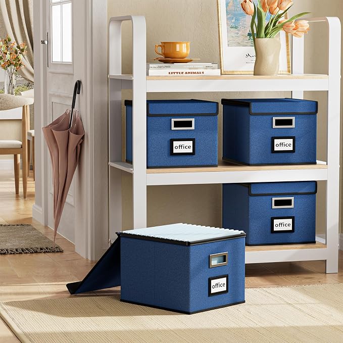 File Organizer Box with Lid, Collapsible File Folder Organizer for Office Document Storage, Filing Box with Plastic Slide for Letter Size Hanging File Folders(1 Pack, Royal Blue)