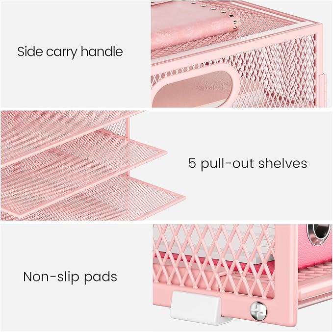 Lavatino 8-Tier Letter Tray Desk Paper Organizer, Mesh File Sorter Tray Organizer for Desk Office Supplies & Home Organization, Fits A4 Paper, Mail, Magazines and Office Accessories (Pink with Handle)