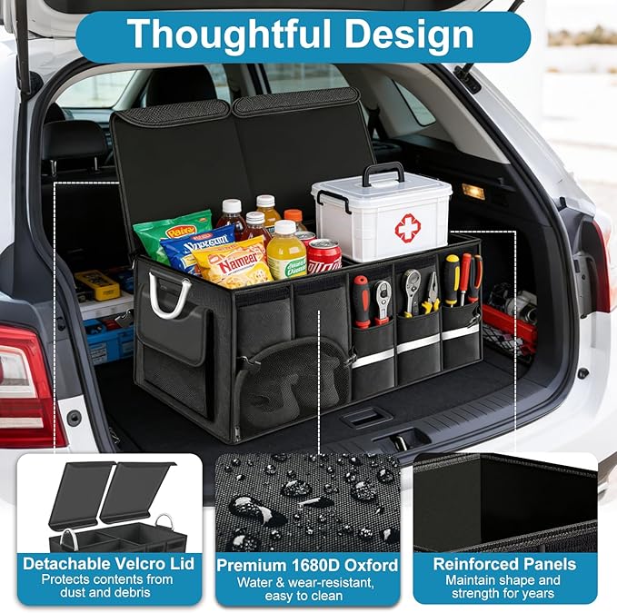 Car Trunk Organizer, 1680D Waterproof Oxford, Collapsible Waterproof Car Organizer Storage with Foldable Cover, Reflective Strip, 4 Mesh Pockets for SUV, Truck, Sedan, Camping, Road Trip (92L)