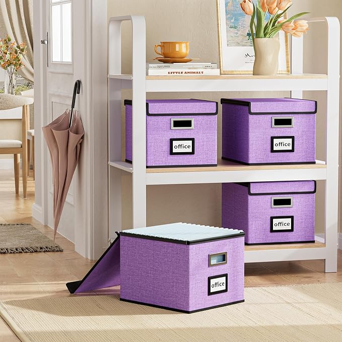 File Organizer Box with Lid, Collapsible File Folder Organizer for Office Document Storage, Filing Box with Plastic Slide for Letter Size Hanging File Folders(1 Pack, Lavender)