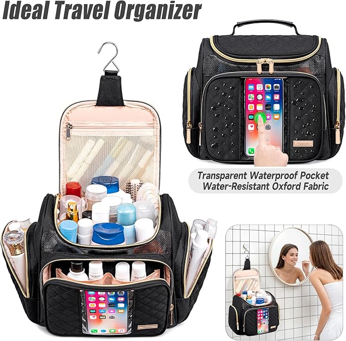 Tealari Large Toiletry Bag for Women Men,Bathroom Bag,Water Resistant Shower Bag,Makeup Bag,Portable Shower Caddy for College Dorm,Hanging Travel Toiletry Bag with Transparent Waterproof Phone Pocket