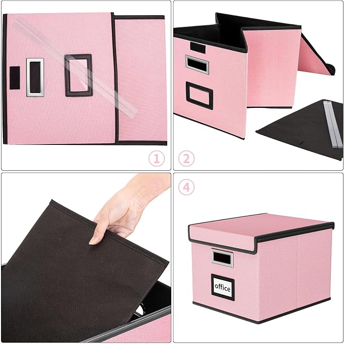 File Organizer Box with Lid, Collapsible File Folder Organizer for Office Document Storage, Filing Box with Plastic Slide for Letter Size Hanging File Folders(1 Pack, Pink)