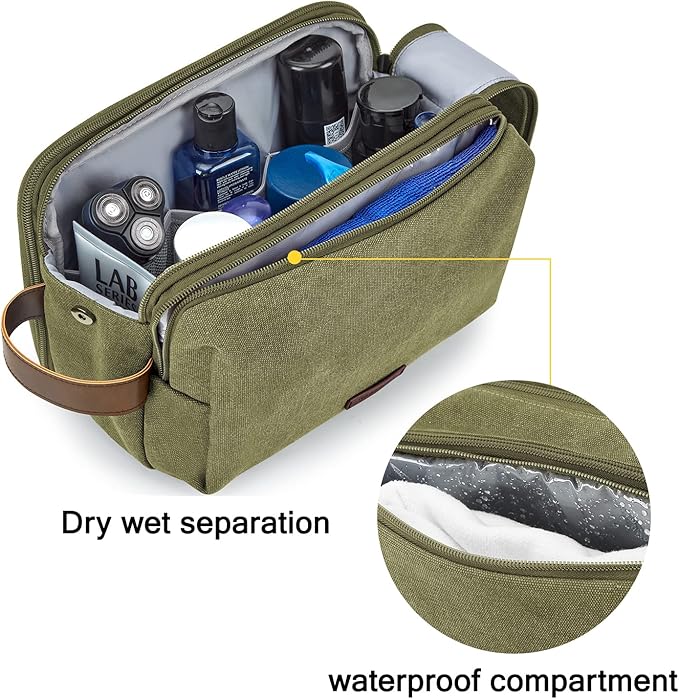 BAGSMART Toiletry Bag for Men, Canvas Travel Toiletry Organizer Dopp Kit Water-resistant Shaving Bag for Toiletries Accessories,Green-Large