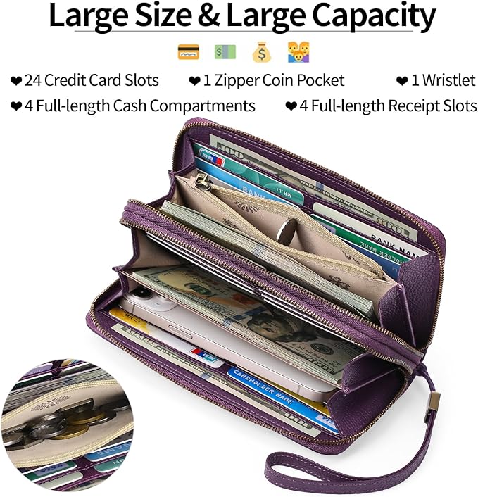 GAEKEAO Wallet for Women Clutch RFID Blocking Wristlet Leather Purse Large Capacity Credit Card Holder with Grip Hand Strap
