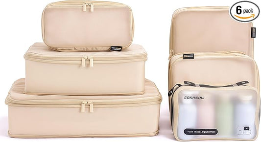 6 Set Compression Packing Cubes for 7–14 Day Travel, Mist Khaki | Nylon Oxford Fabric, Full Breathable Mesh, Reinforced Double-Zipper, Small to Large Size Bag, Expandable Packing System