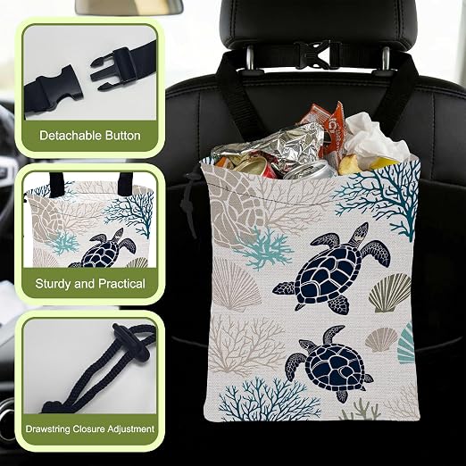Car Garbage Bag Ocean Turtle Coral Shells Hanging Canvas Car Trash Bag Waterproof Drawstring Car Back Seat Organizer for Car Back Front Seat Console with Adjustable Buckle