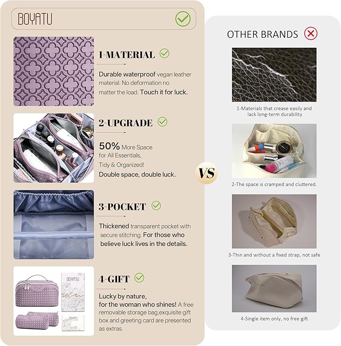 BOYATU Travel Makeup Bag for Women: Four Leaf Clover Large Capacity 3 Pcs Set Cosmetic Bags - Waterproof 50% Extra Space for Toiletry Organizer - Travel Essentials for Fortunate (02 Purple)