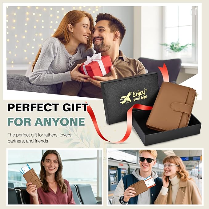 Passport Holder for Travel, Leather Passport Wallet with Airtag Slot, RFID Blocking Travel Wallet for Women Men, Passport Cover with Air Ticket Card Cash Coin Pocket, Travel Essentials Gift