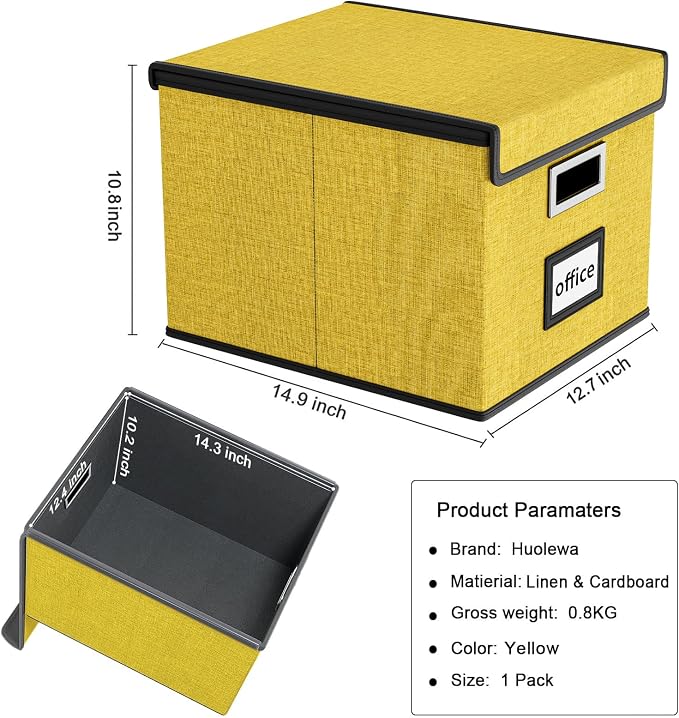 File Organizer Box with Lid, Collapsible File Folder Organizer for Office Document Storage, Filing Box with Plastic Slide for Letter Size Hanging Files(1 Pack, Yellow)