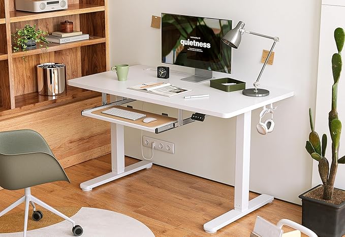 FEZIBO Standing Desk with Keyboard Tray, 55 x 24 Inch Adjustable Height Sit Stand Desk with Memory Presets for Home Office, Ergonomic Computer Workstation, White