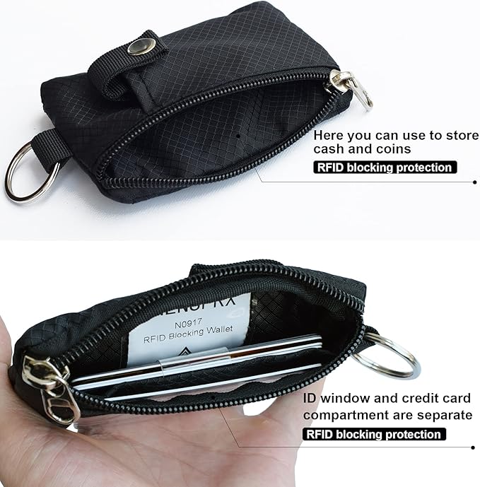 CHENSPRX Minimalist RFID Blocking Small Wallet with ID Window,WaterResistant Zip Id Case Wallet with Lanyard Keychain for Cards,Cash,Travel,Women,Men