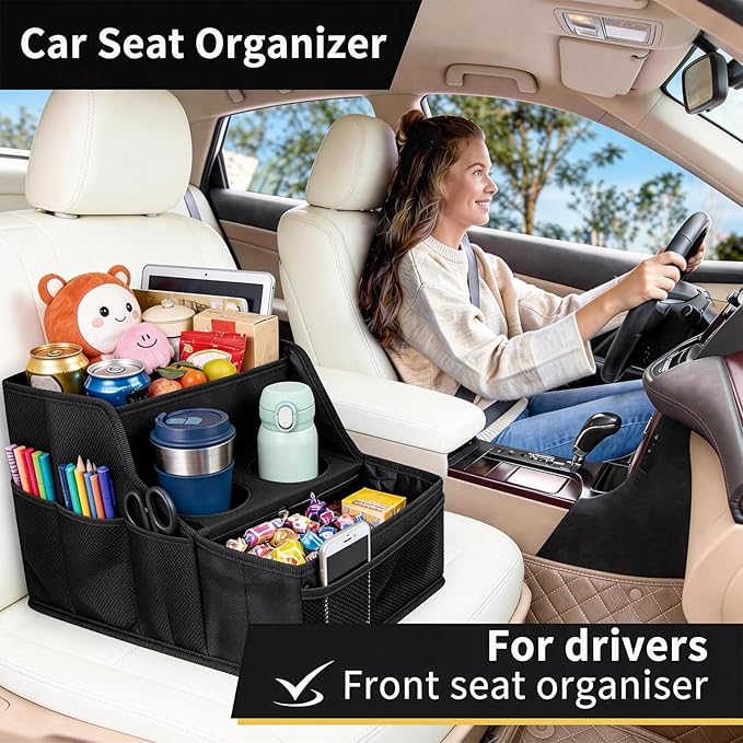 Car Seat Organizer Backseat and Passenger Seat Organizer with 9 Compartments 2 Cup Holders Car Organizer Front Seat Storage for Travel Kids，Black