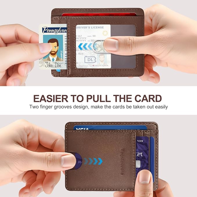 Slim Minimalist Front Pocket Thin Wallet RFID Blocking 100% Genuine Leather Credit Card Holder for men Women, with Gift Box -Grain Leather Brown