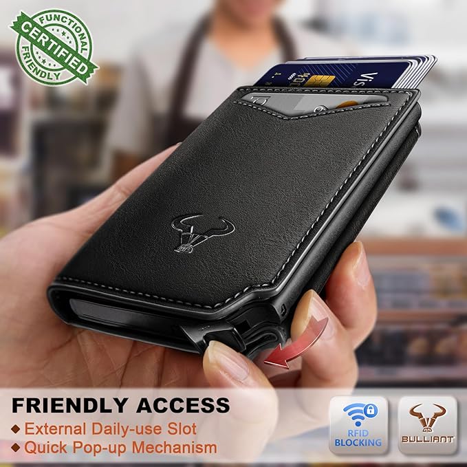 BULLIANT Men Wallet Leather Wallet Card Holders Money Clip for Men 10Cards-Magnetic Flip on Metal Case
