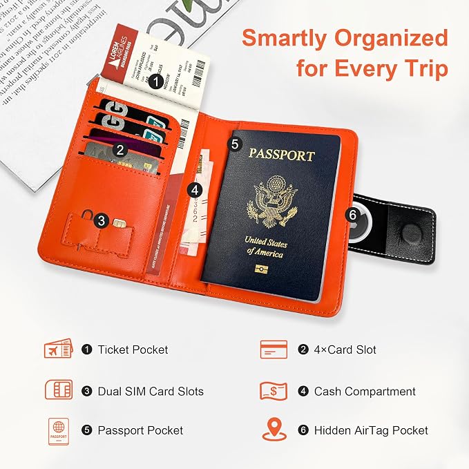 Passport Holder with Hidden AirTag Slot - RFID Blocking Leather Travel Wallet for Men & Women, Slim Anti-Loss Organizer