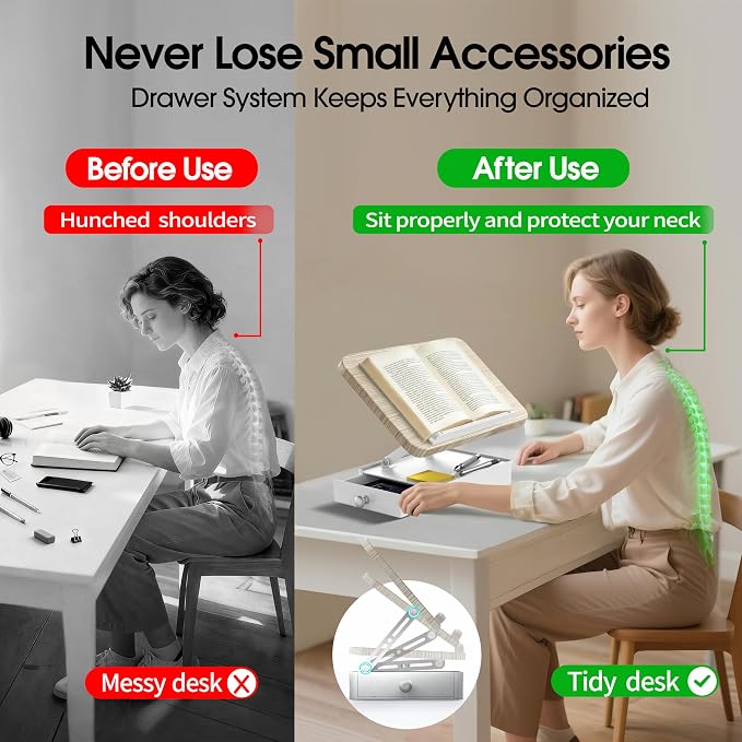 Book Stand with Storage Drawer, Adjustable Wooden Reading Stand for Desk, Ergonomic Height & Angle Book Holder for Textbooks, Cookbooks, Documents (White Ash Finish, 9.8" x 13.8" Large Panel)