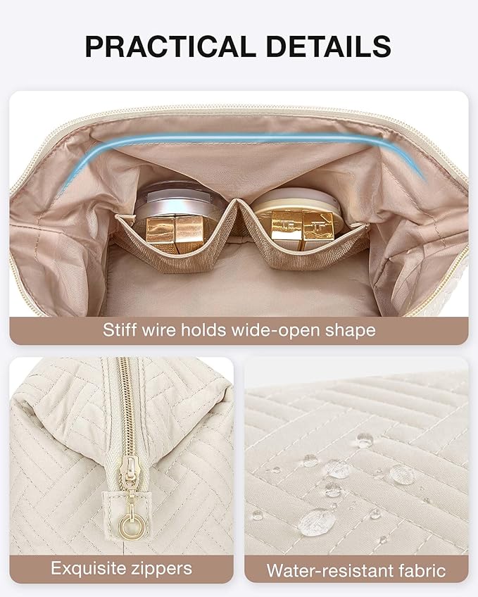 BAGSMART Travel Makeup Bag, Cosmetic Bag Small Make Up Organizer Case,Wide-open Pouch for Women Purse for Toiletries Accessories Brushes,Large Beige