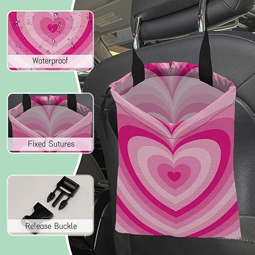 Pink Heart Car Garbage Bag,Romantic Heart Waterproof Small Car Trash Bag Hanging Back of Seat,Drawstring Hanging Car Trash Bag with Adjustable Buckle for Car Accessories