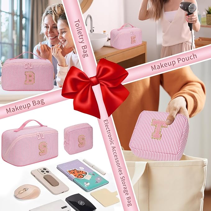 2026 Graduation Gifts - Travel Makeup Bag for Women, 2Pcs Portable Personalized Initial Makeup Organizer Bag, Open Flat Large Cosmetic Bag With Travel Essential Pouch (Pink Letter E)