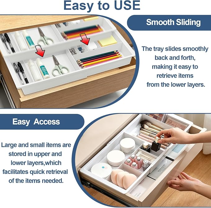 Expandable Desk Drawer Organizer,Deep Drawer Hanging Organizer Sliding Tray with Divider Storage Expandable from 11.2 to 18.9 Inch for Office Supplies,Makeup,Kitchen Cabinet,Bathroom